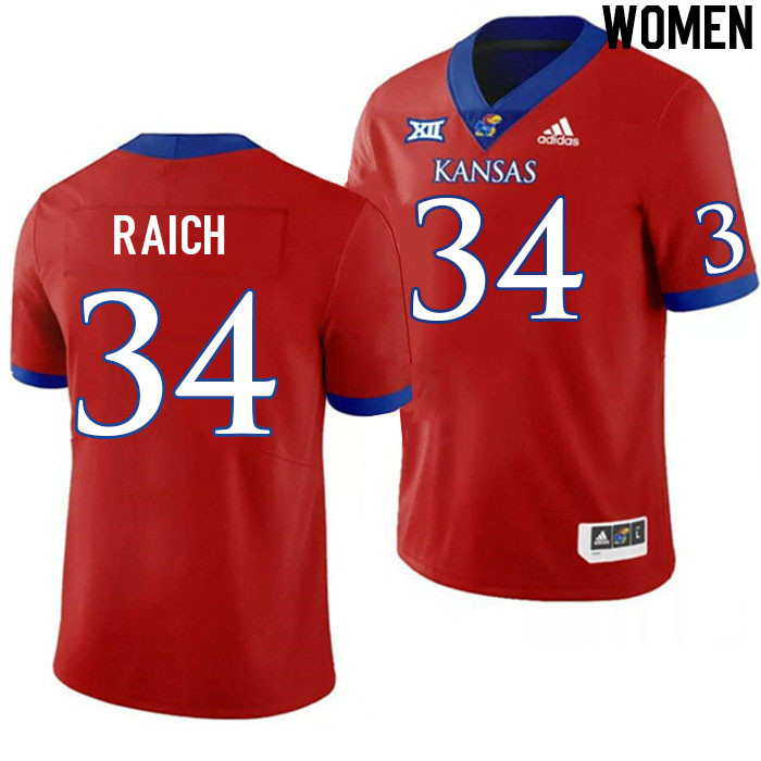 Women #34 Alex Raich Kansas Jayhawks College Football Jerseys Stitched Sale-Red - Click Image to Close